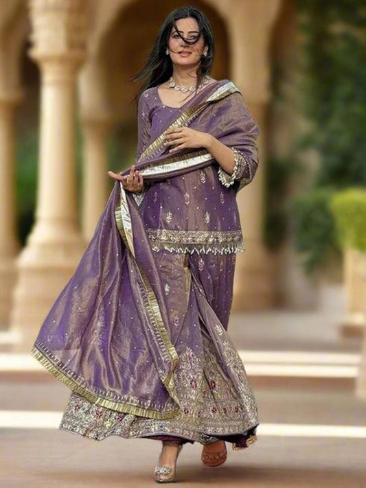 Women Pure Silk Kurti Set with Palazzos & Dupatta | Embroidered Thread Work