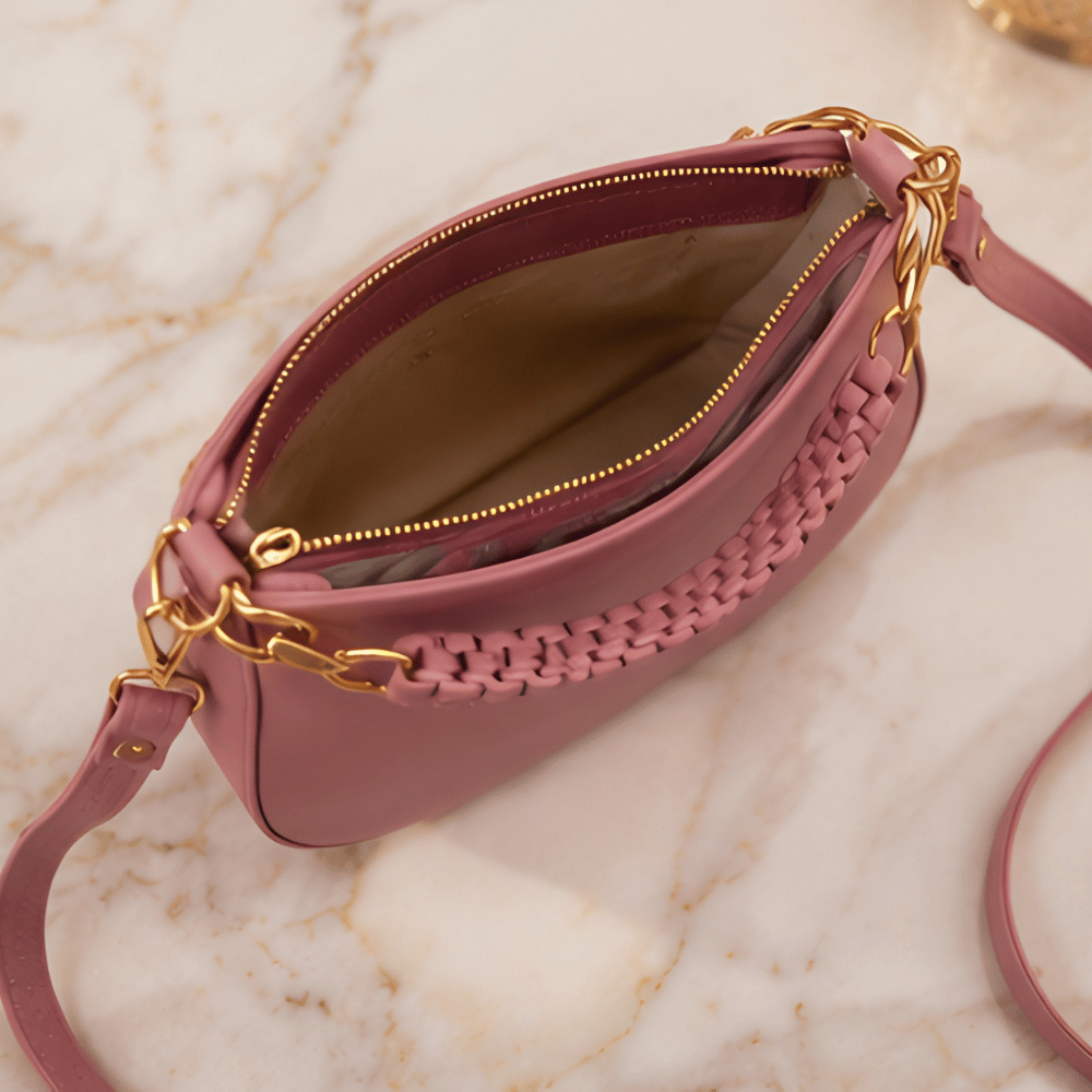 Blush Petal Chic Crescent Sling Bag for Women | Elegant Pink Shoulder Handbag with Chain Handle