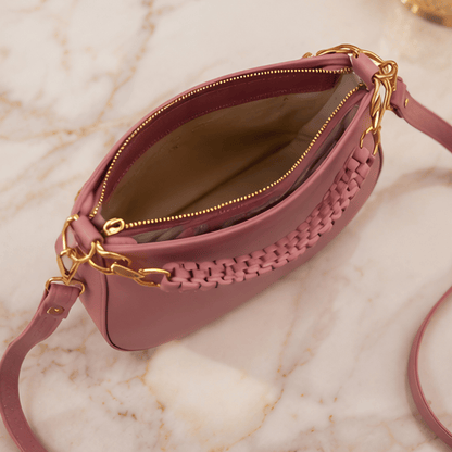 Blush Petal Chic Crescent Sling Bag for Women | Elegant Pink Shoulder Handbag with Chain Handle