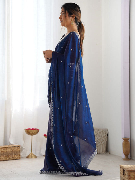 Navy Blue Sequinned Tissue Saree with Embroidered Border