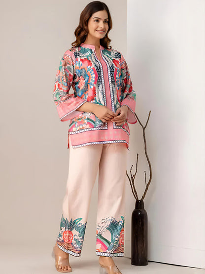 BYMNVYR Women’s Printed Cotton Kurti Palazzo Set – Mandarin Neck, Festive Wear