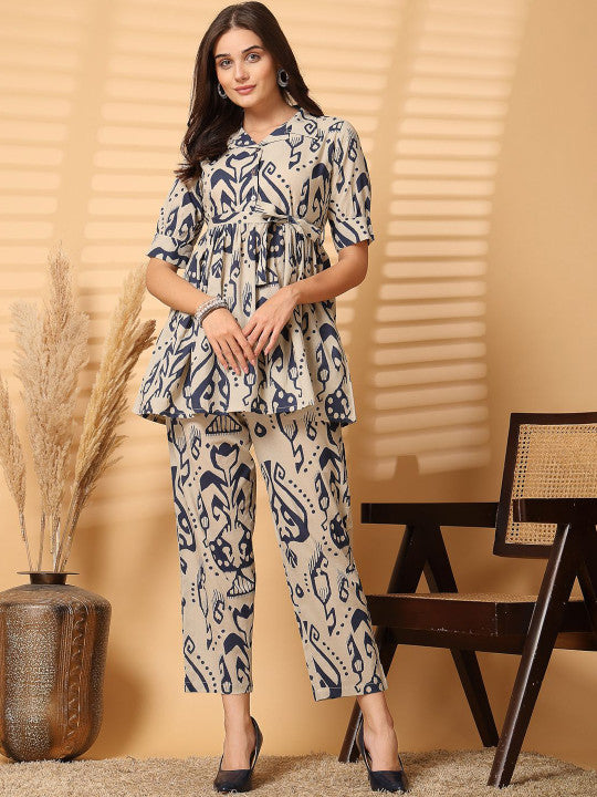 Blue & Beige Printed Pure Cotton Co-Ord Set for Women