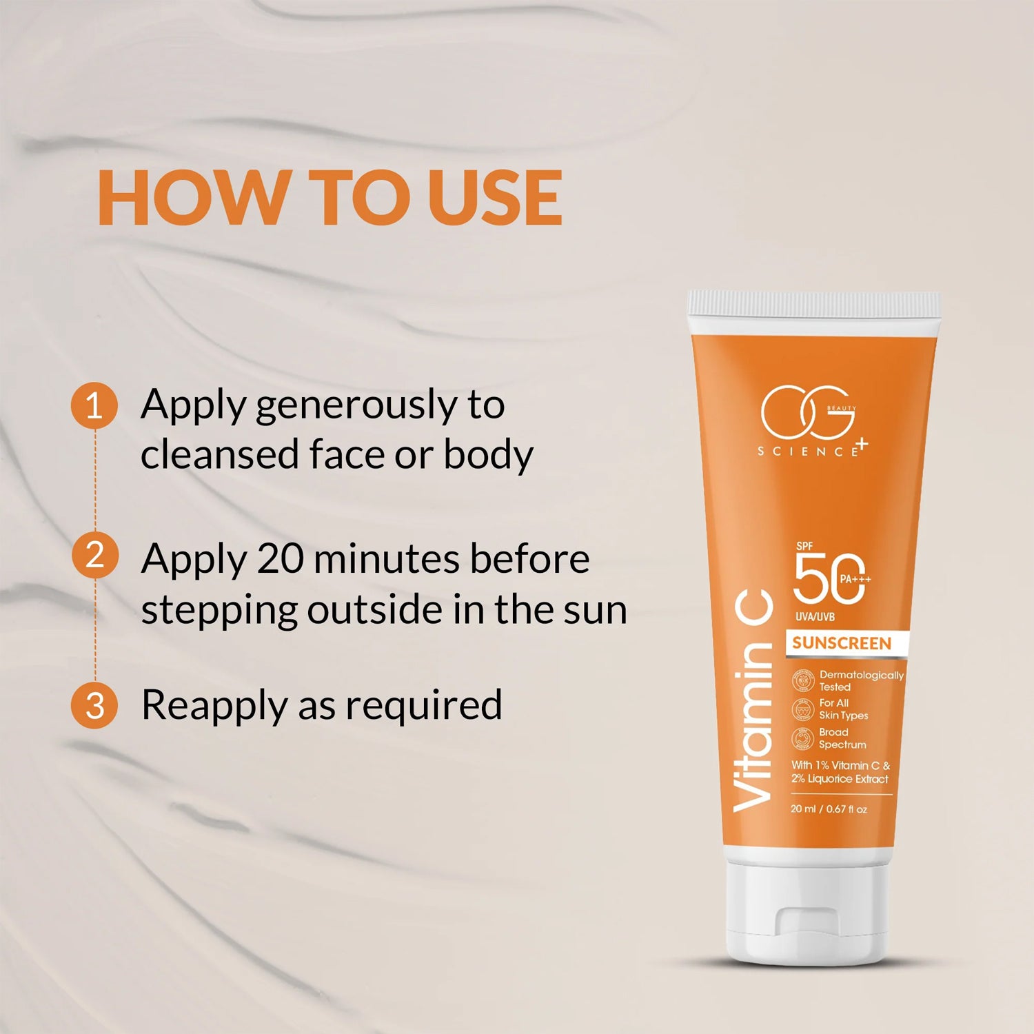 OG Beauty 20 ML Vitamin C Sunscreen SPF 50 PA+++ with Liquorice Extract – Broad Spectrum UVA/UVB Protection, Skin Brightening & Sun Care Cream for All Skin Types