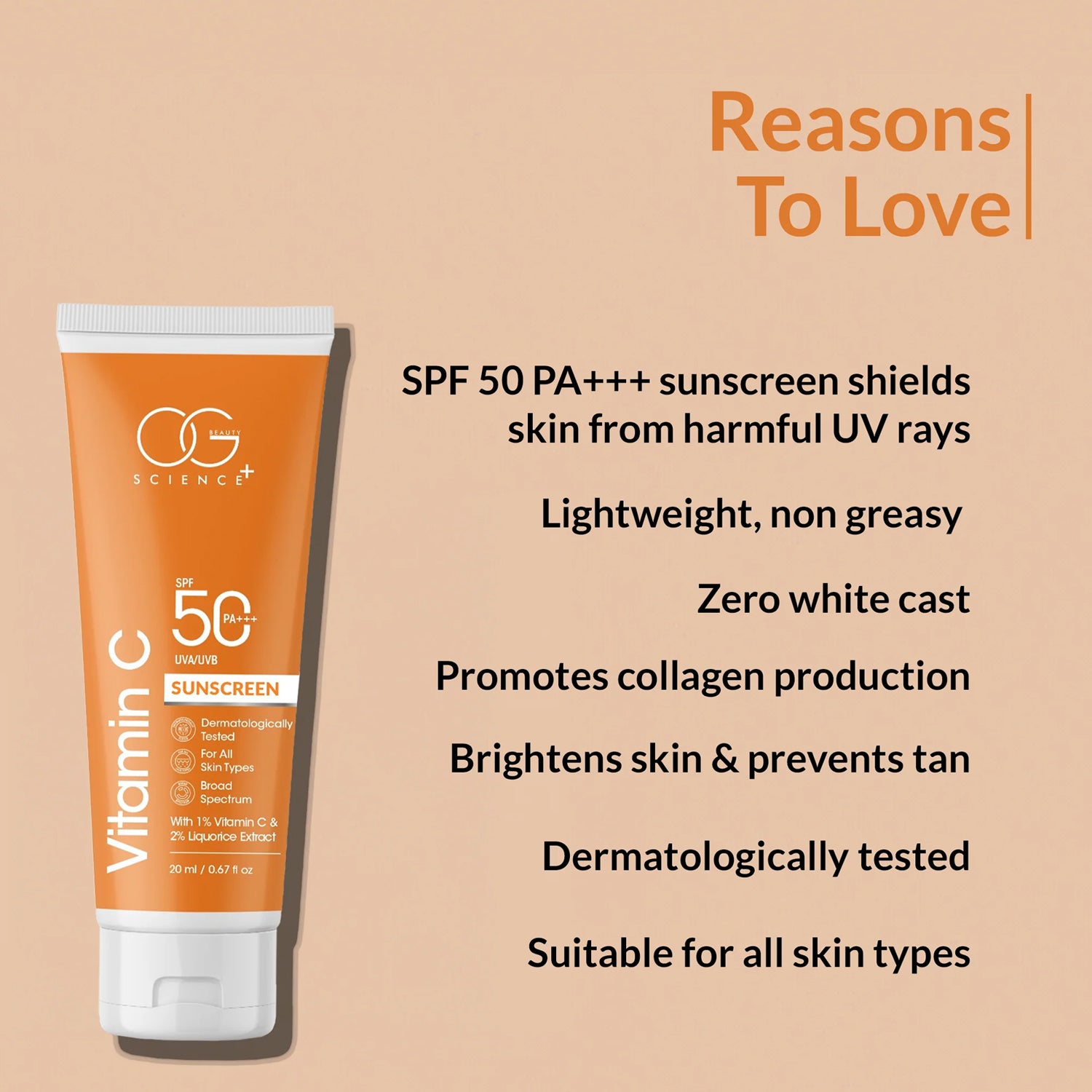OG Beauty 20 ML Vitamin C Sunscreen SPF 50 PA+++ with Liquorice Extract – Broad Spectrum UVA/UVB Protection, Skin Brightening & Sun Care Cream for All Skin Types