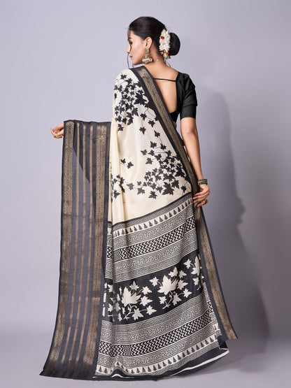 Black & White Floral Printed Chanderi Saree with Zari Border & Blouse Piece