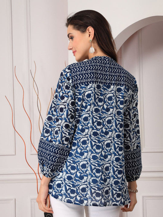Navy Blue Ethnic Motifs A-Line Top for Women | Cotton | Mandarin Collar