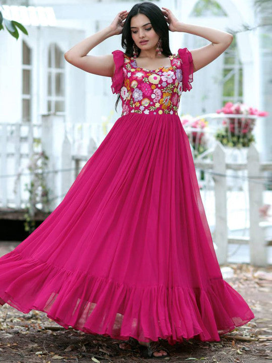 BYMN Floral Embroidered Square Neck Georgette Ruffles Ethnic Gown for Women