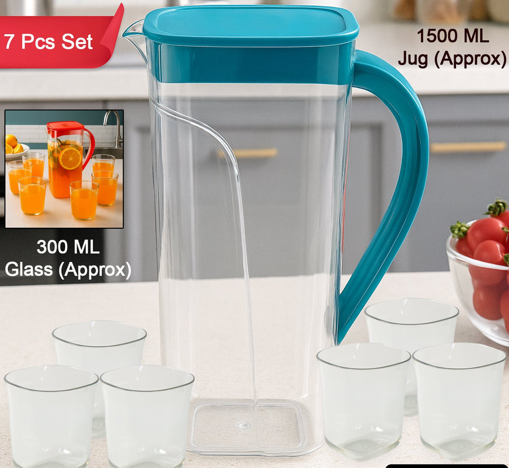 Marina Jug with 6 Glass Set – 1500 ml Water Jug with 200 ml Glasses, Unbreakable Plastic Drinkware Set for Juice, Water &amp; Beverages