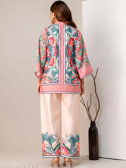 BYMNVYR Women’s Printed Cotton Kurti Palazzo Set – Mandarin Neck, Festive Wear
