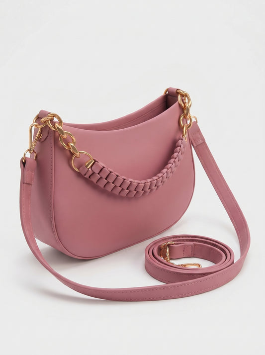 Blush Petal Chic Crescent Sling Bag for Women | Elegant Pink Shoulder Handbag with Chain Handle