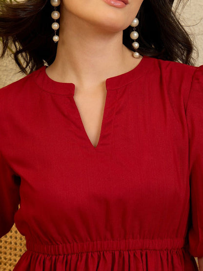 Red Embroidered Fit & Flare Cotton Dress for Women