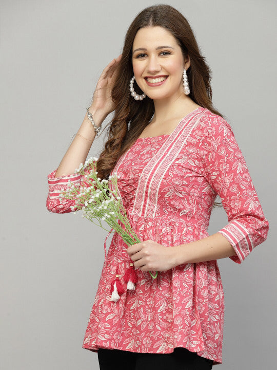 Pink Floral Cotton Empire Top for Women | Longline Square Neck Tie-Up Top