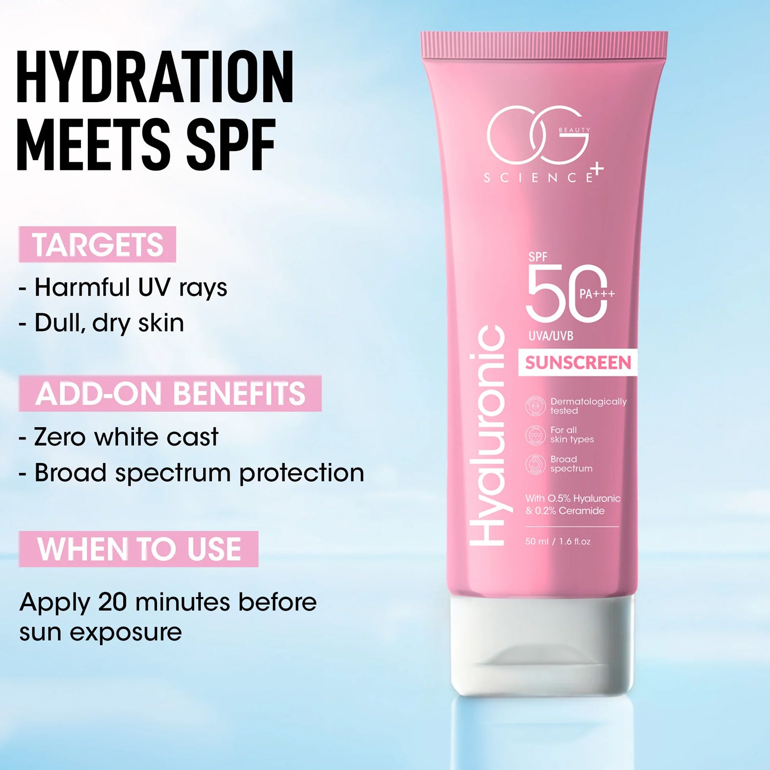 OG Beauty Science+ Hyaluronic Sunscreen SPF 50 PA+++ – Broad Spectrum UVA/UVB Protection, Lightweight Non-Greasy Face & Body Sunblock with 0.5% Hyaluronic Acid & 0.2% Ceramide, Dermatologically Tested for All Skin Types – 50 ML