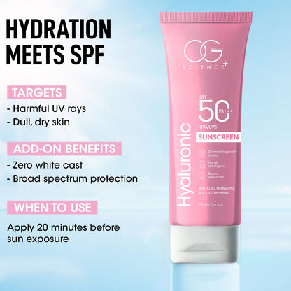 OG Beauty Science+ Hyaluronic Sunscreen SPF 50 PA+++ – Broad Spectrum UVA/UVB Protection, Lightweight Non-Greasy Face & Body Sunblock with 0.5% Hyaluronic Acid & 0.2% Ceramide, Dermatologically Tested for All Skin Types – 50 ML