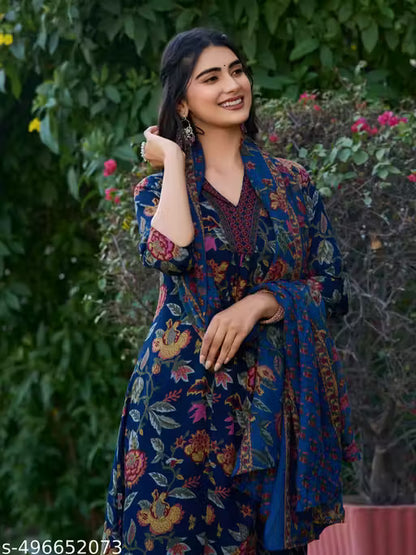 Women’s Printed Anarkali Kurta Palazzo Set with Dupatta – Flared Ethnic Festive Wear