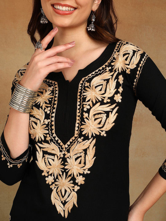 Black Gold Aari Work Kurti for Women | Embroidered Straight Liva Kurta