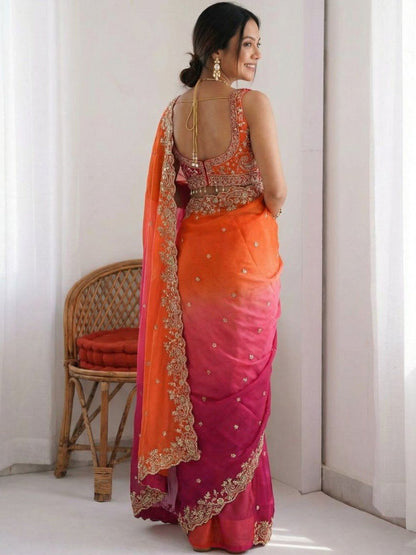 Multicoloured & Orange Ombre Dyed Embroidered Saree