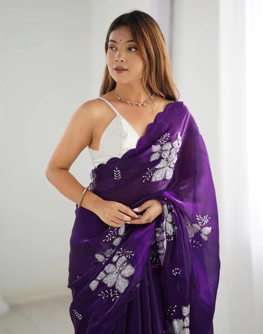 Floral Sequinned Organza Saree & Blouse Piece