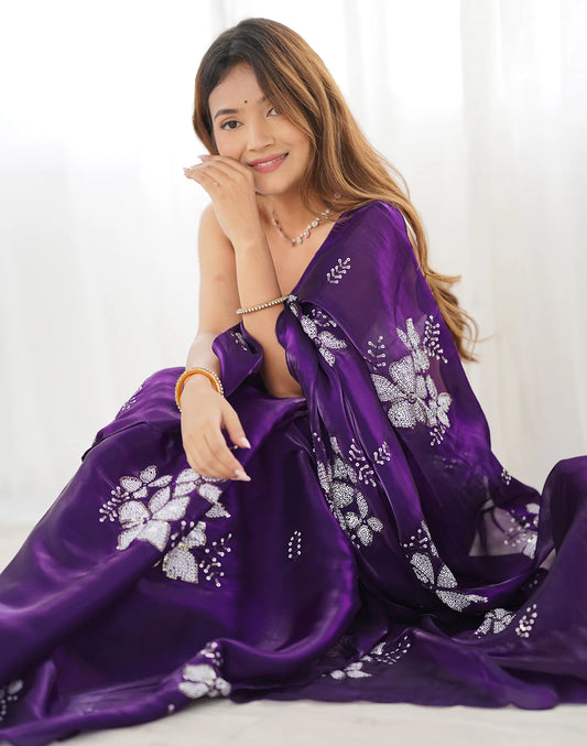 Floral Sequinned Organza Saree & Blouse Piece