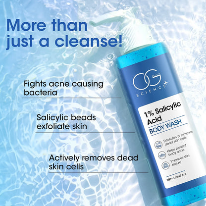 OG Beauty Science+ 1% Salicylic Acid Body Wash – Exfoliating Anti-Acne Shower Gel for Smooth, Clear & Healthy Skin – 250 ML Pump Bottle