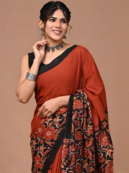 Brown Ikat Floral Printed Pure Cotton Saree for Women