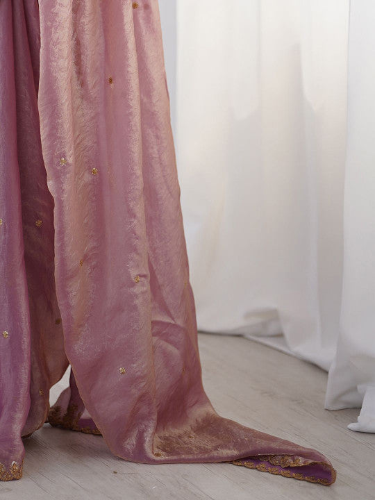 Mauve & Gold Sequinned Tissue Saree with Embellished Border