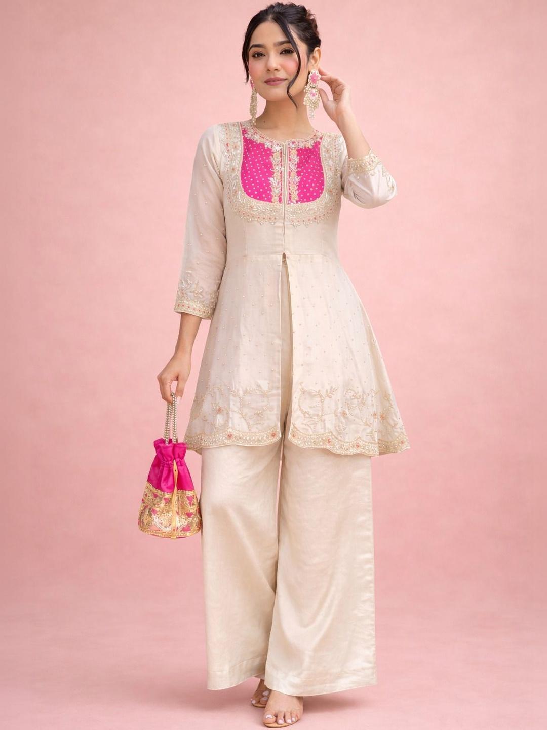 Beige & Pink Embroidered Tunic with Palazzos for Women | Silk Blend Ethnic Co-Ord Set