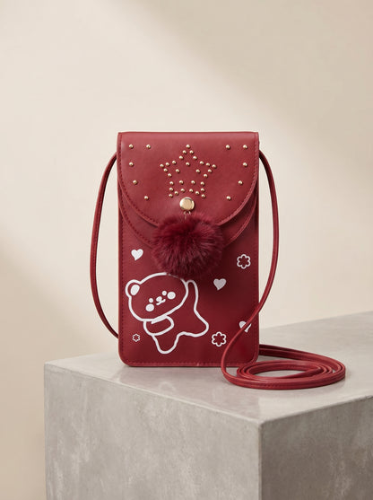 Ruby Star Mini Crossbody Phone Pouch for Women | Cute Sling Bag with Pom-Pom Charm | Stylish Mobile Wallet Purse