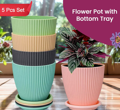 Plastic Flower Pot With Bottom Tray (5 Pcs Set)