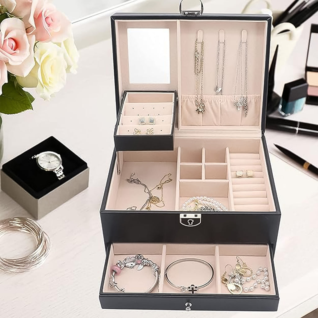 Premium Multi-Layer Jewellery Organizer Box with Mirror & Lock – Velvet-Lined Ring, Earring & Necklace Storage with Sliding Drawer for Tangle-Free Jewellery Organization
