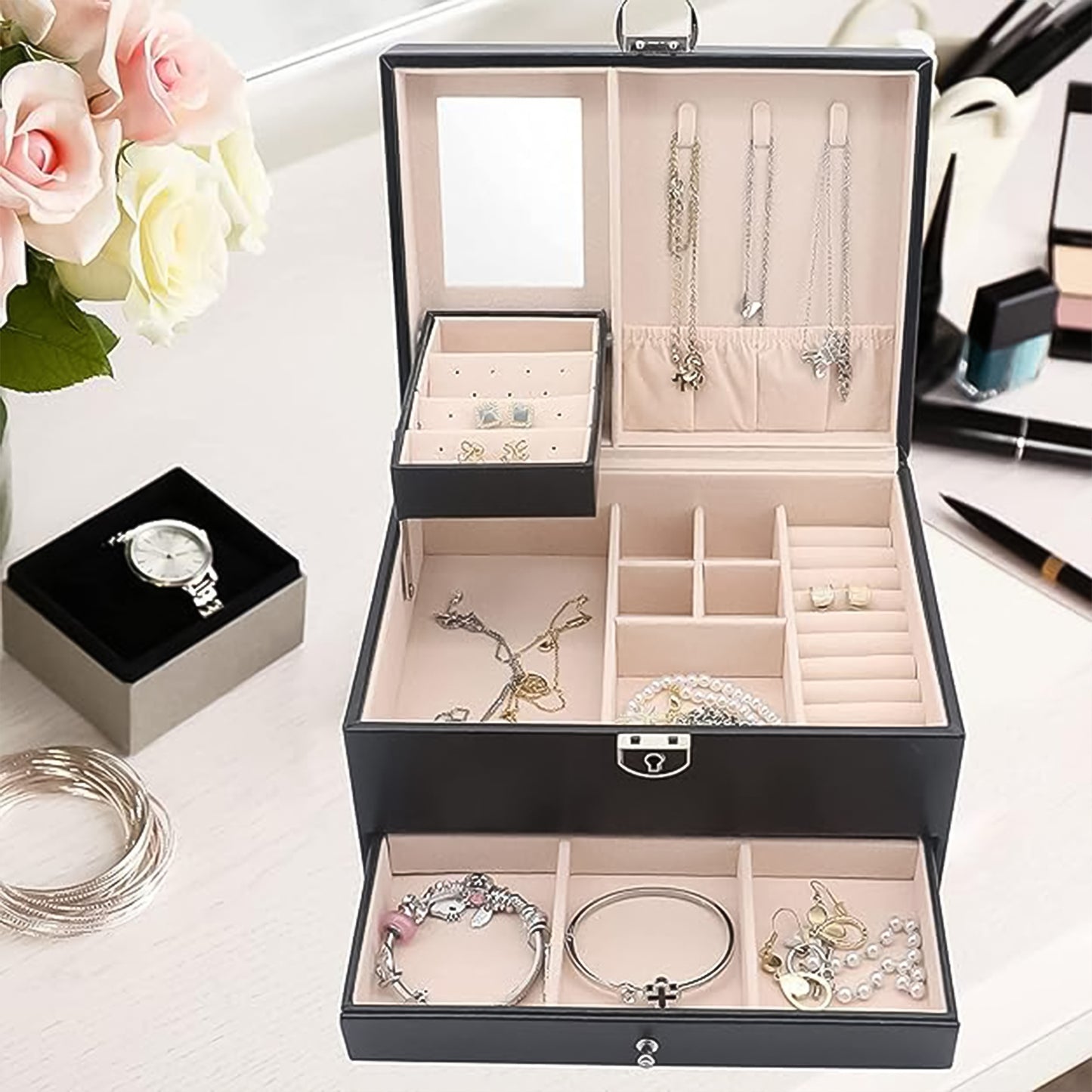Premium Multi-Layer Jewellery Organizer Box with Mirror & Lock – Velvet-Lined Ring, Earring & Necklace Storage with Sliding Drawer for Tangle-Free Jewellery Organization