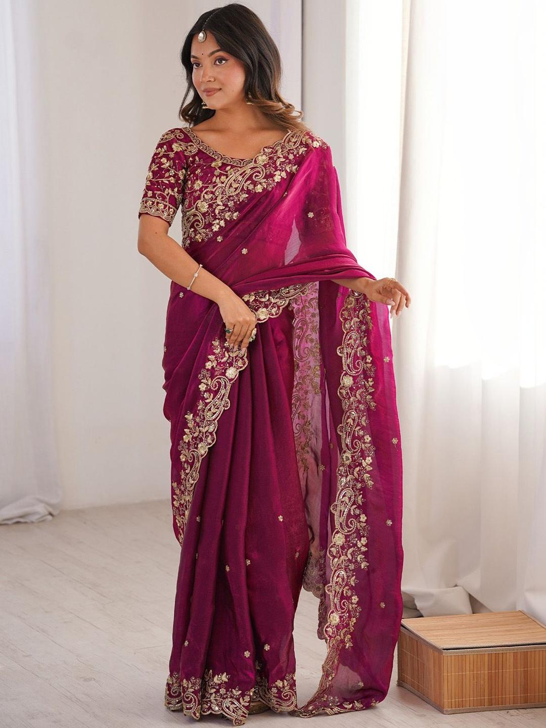 Fuchsia Embroidered Satin Saree for Women
