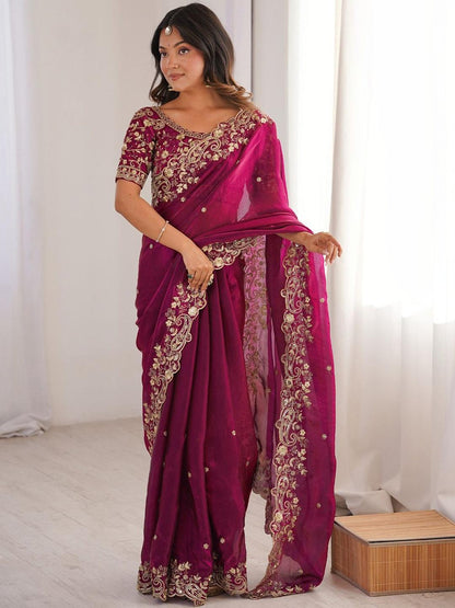 Fuchsia Embroidered Satin Saree for Women
