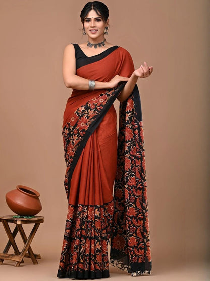Brown Ikat Floral Printed Pure Cotton Saree for Women