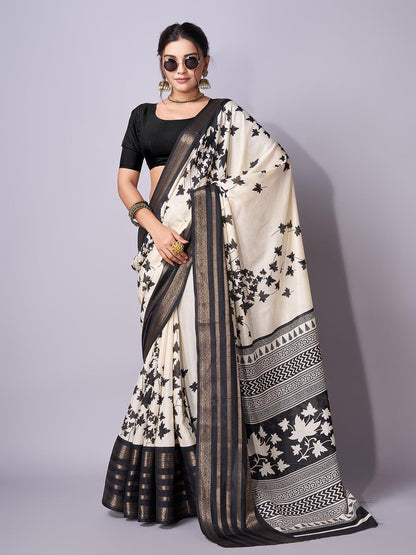 Black & White Floral Printed Chanderi Saree with Zari Border & Blouse Piece