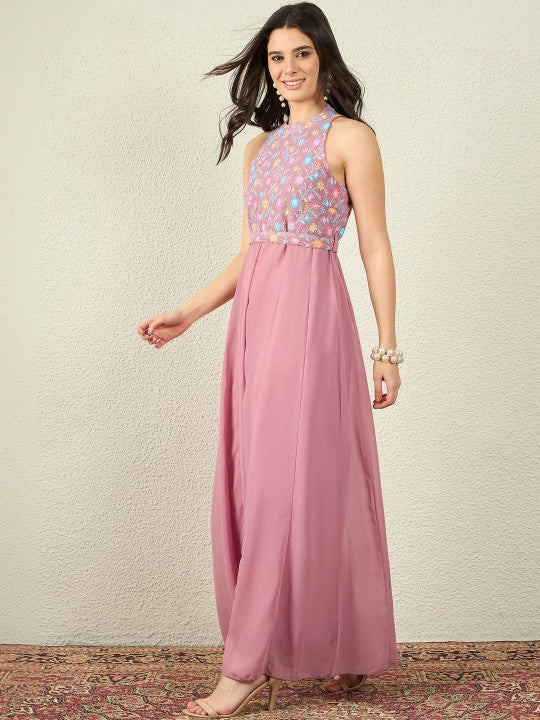Embroidered Halter Neck Jumpsuit for Women | Sleeveless Polyester Casual Wear