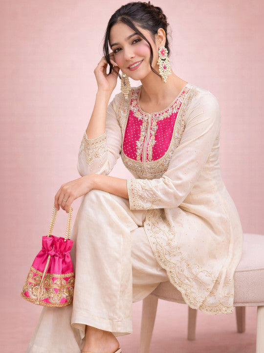 Beige & Pink Embroidered Tunic with Palazzos for Women | Silk Blend Ethnic Co-Ord Set