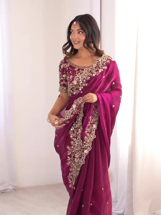 Fuchsia Embroidered Satin Saree for Women