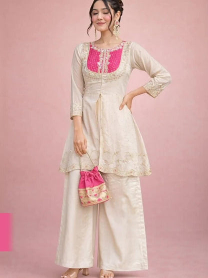 Beige & Pink Embroidered Tunic with Palazzos for Women | Silk Blend Ethnic Co-Ord Set