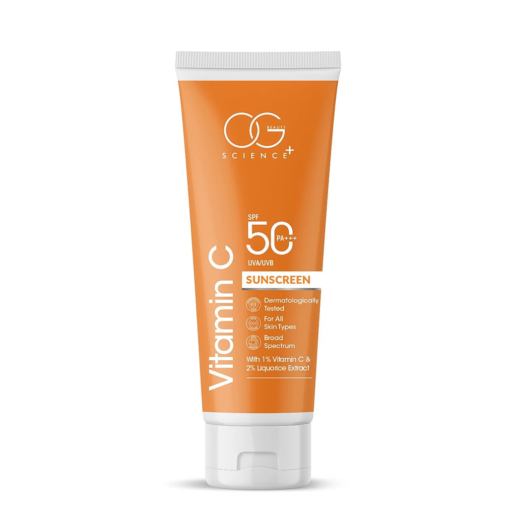 OG Beauty 50 ML Vitamin C Sunscreen SPF 50 PA+++ with Liquorice Extract – Broad Spectrum UVA/UVB Protection, Skin Brightening & Anti-Aging Sunscreen for All Skin Types