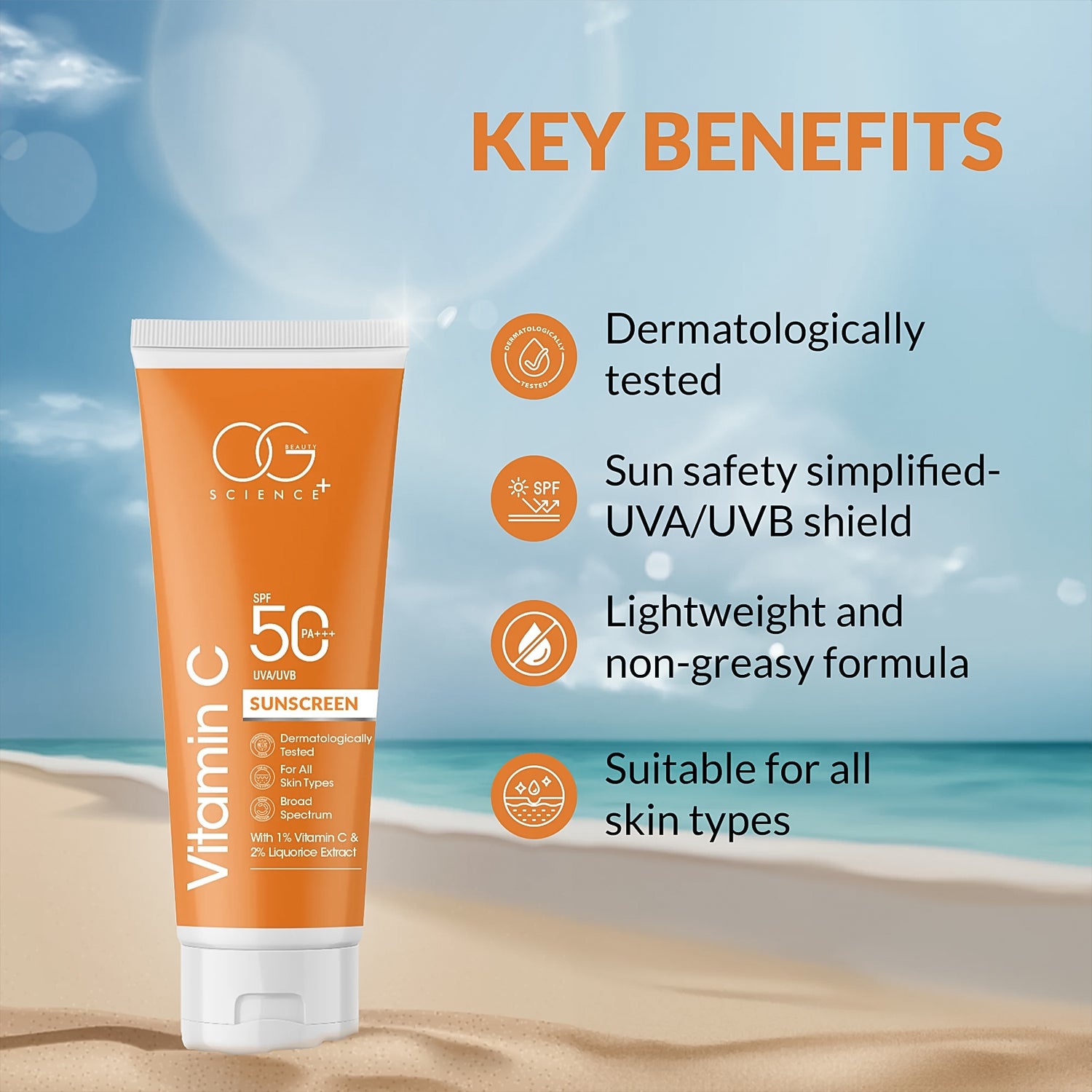 OG Beauty 50 ML Vitamin C Sunscreen SPF 50 PA+++ with Liquorice Extract – Broad Spectrum UVA/UVB Protection, Skin Brightening & Anti-Aging Sunscreen for All Skin Types