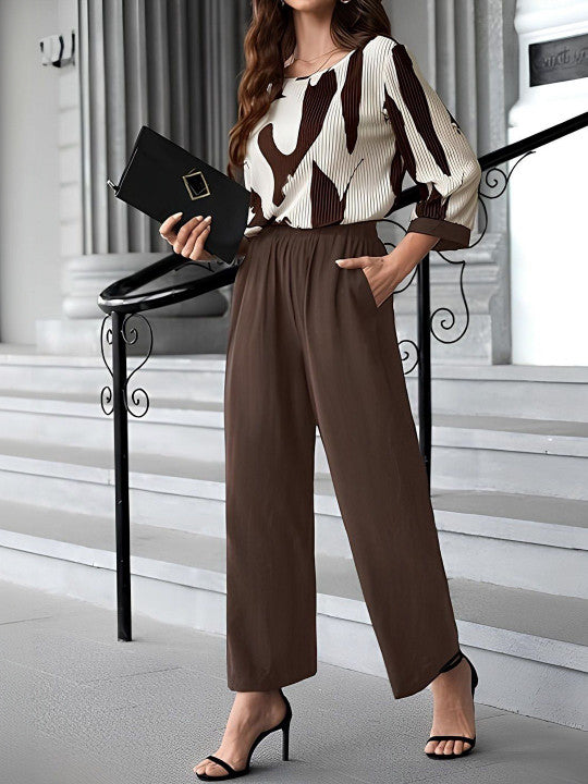 Brown Printed Casual Jumpsuit for Women with Pockets