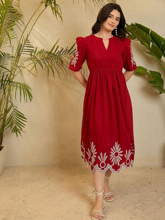 Red Embroidered Fit & Flare Cotton Dress for Women