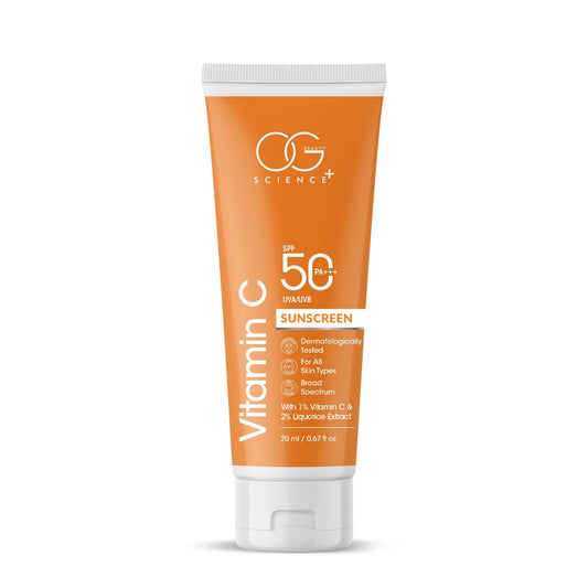 OG Beauty 20 ML Vitamin C Sunscreen SPF 50 PA+++ with Liquorice Extract – Broad Spectrum UVA/UVB Protection, Skin Brightening & Sun Care Cream for All Skin Types