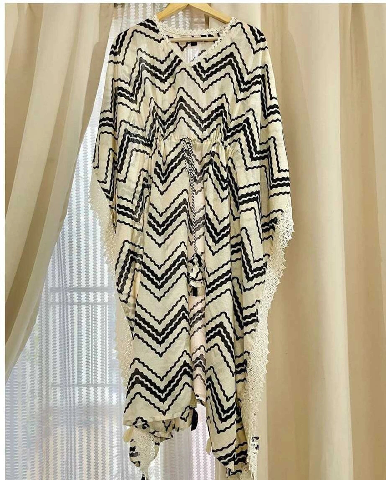 Beige Black Chevron Kaftan Dress
