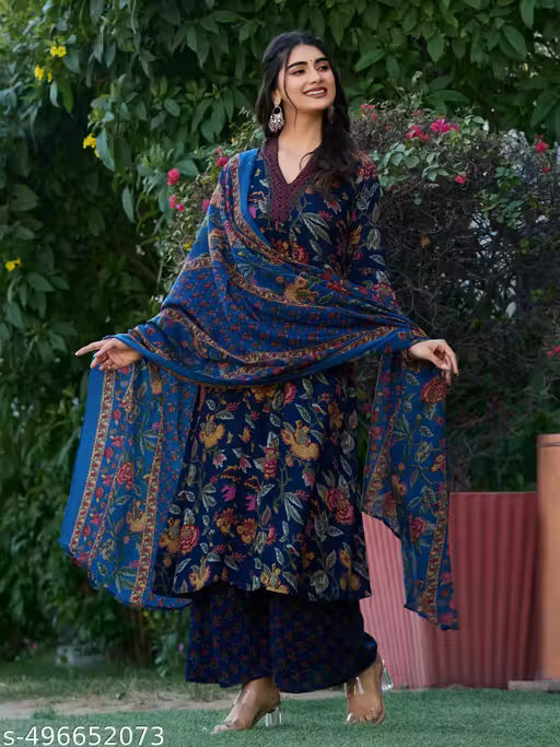 Women’s Printed Anarkali Kurta Palazzo Set with Dupatta – Flared Ethnic Festive Wear