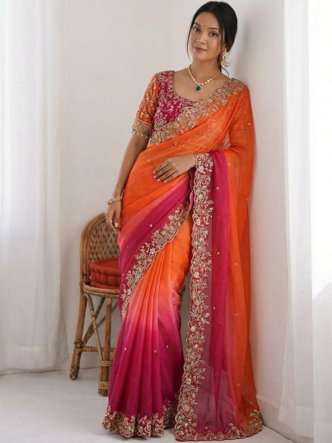 Multicoloured & Orange Ombre Dyed Embroidered Saree