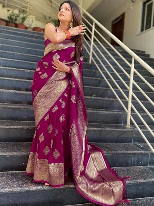 Maroon Banarasi Litchi Silk Saree with Zari Woven Design & Jacquard Blouse