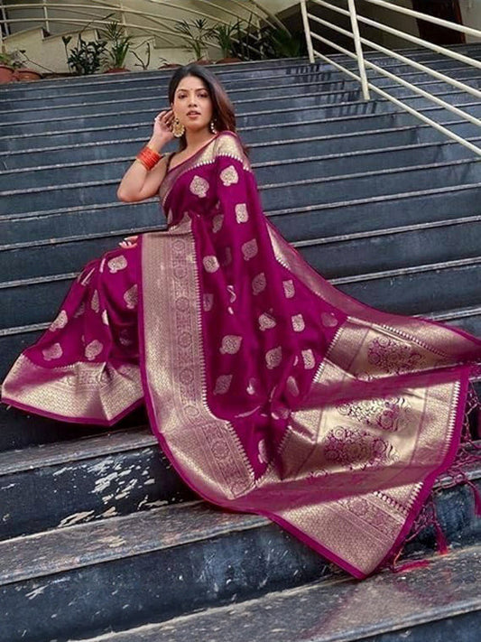 Maroon Banarasi Litchi Silk Saree with Zari Woven Design & Jacquard Blouse