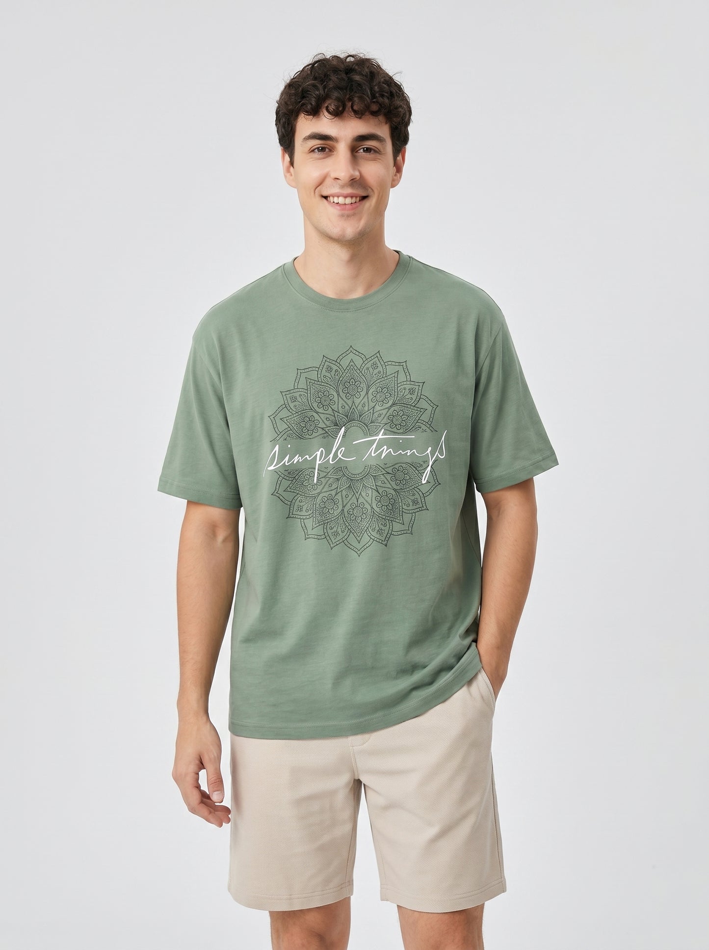 Mens Half Sleeve Oversized Cotton Blend Crew Neck Tshirt - Olive